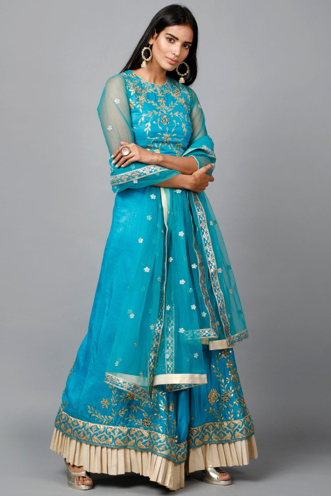 Women's Turquose Blue Gota Patti Lehenga, Choli And Dupatta Set - MIRACOLOS by Ruchi - Indiakreations