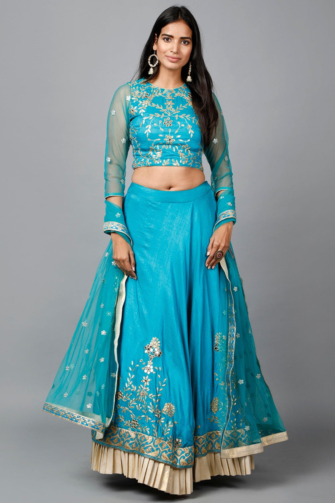 Women's Turquose Blue Gota Patti Lehenga, Choli And Dupatta Set - MIRACOLOS by Ruchi - Indiakreations