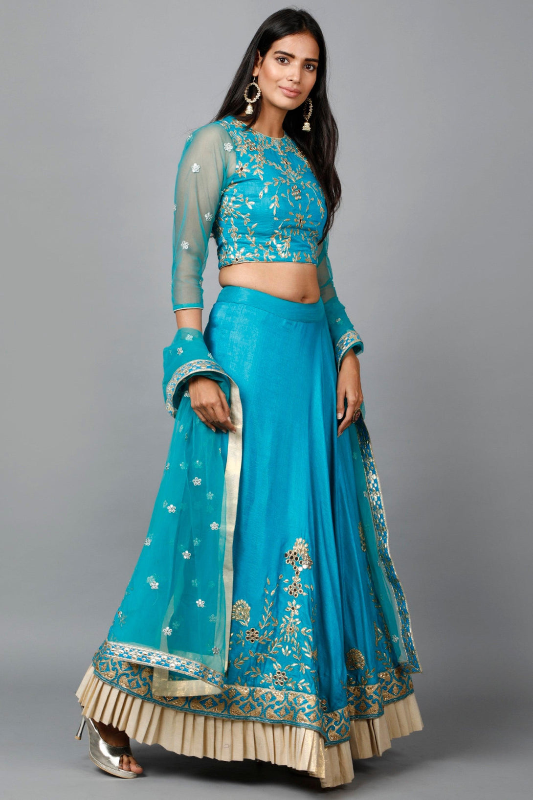 Women's Turquose Blue Gota Patti Lehenga, Choli And Dupatta Set - MIRACOLOS by Ruchi - Indiakreations