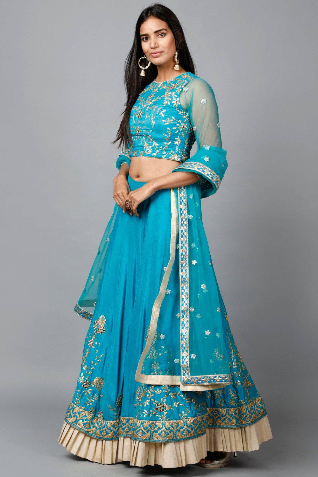 Women's Turquose Blue Gota Patti Lehenga, Choli And Dupatta Set - MIRACOLOS by Ruchi - Indiakreations