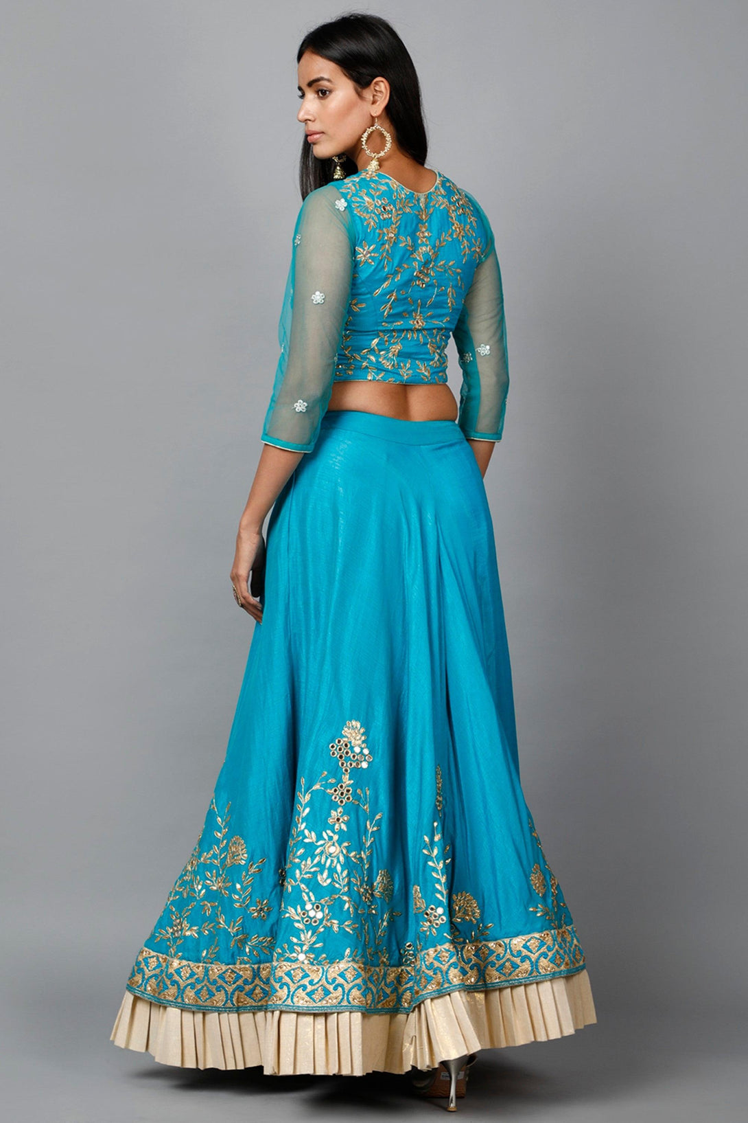 Women's Turquose Blue Gota Patti Lehenga, Choli And Dupatta Set - MIRACOLOS by Ruchi - Indiakreations