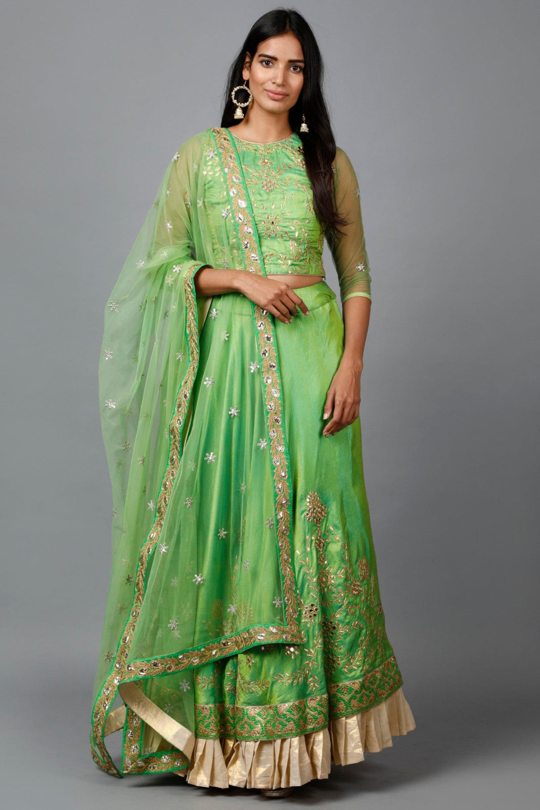 Women's Parrot Green Gota Patti Lehenga, Choli And Dupatta Set - MIRACOLOS by Ruchi - Indiakreations