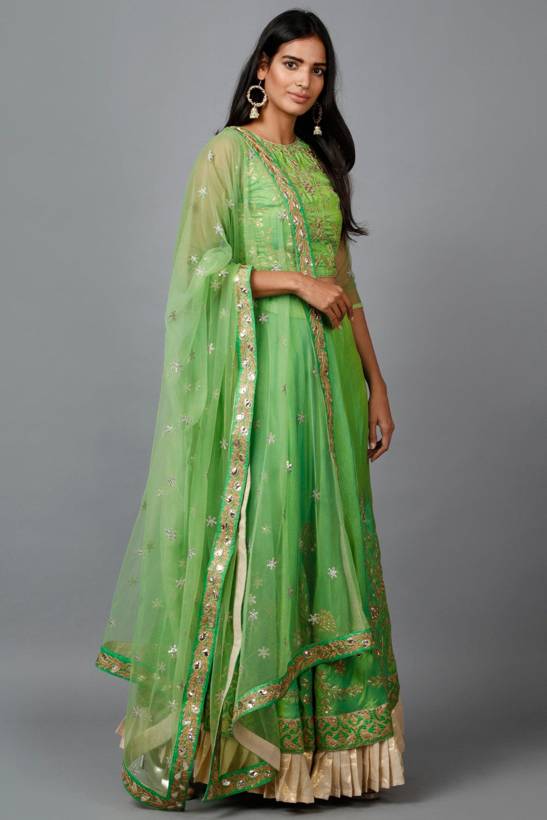 Women's Parrot Green Gota Patti Lehenga, Choli And Dupatta Set - MIRACOLOS by Ruchi - Indiakreations