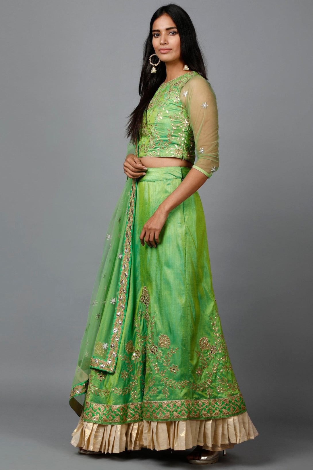 Women's Parrot Green Gota Patti Lehenga, Choli And Dupatta Set - MIRACOLOS by Ruchi - Indiakreations