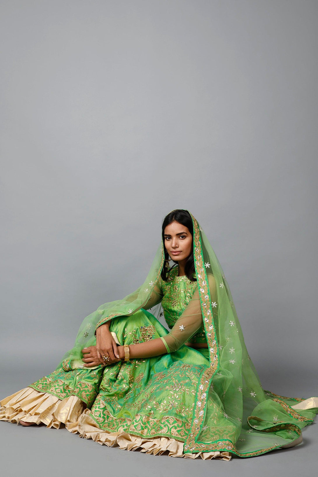 Women's Parrot Green Gota Patti Lehenga, Choli And Dupatta Set - MIRACOLOS by Ruchi - Indiakreations