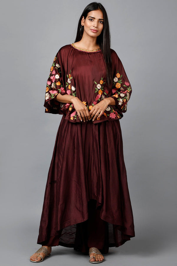 Women's Maroon Floral Cape Suit And Pant - MIRACOLOS by Ruchi - Indiakreations