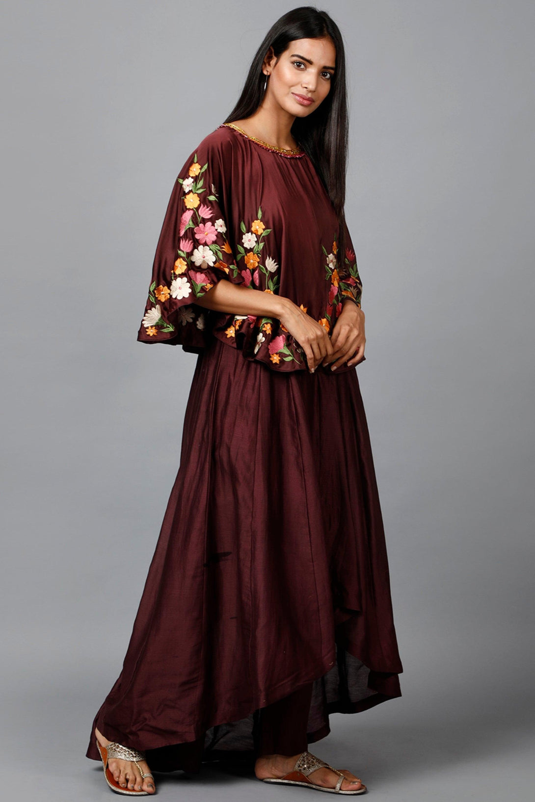 Women's Maroon Floral Cape Suit And Pant - MIRACOLOS by Ruchi - Indiakreations