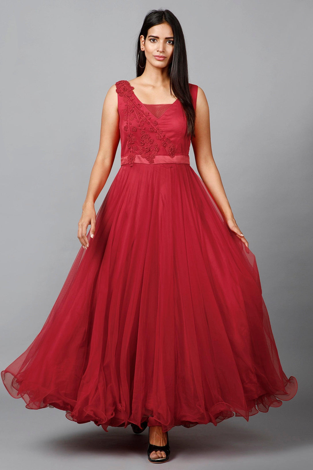 Women's Red Net Bridesmaid Embroidered Gown - MIRACOLOS by Ruchi - Indiakreations