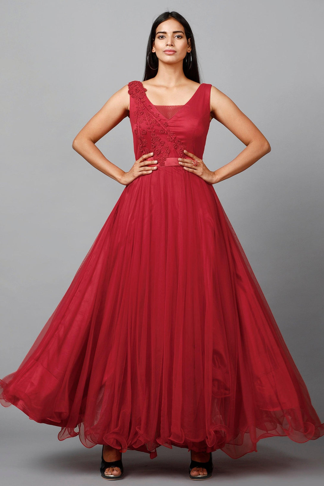 Women's Red Net Bridesmaid Embroidered Gown - MIRACOLOS by Ruchi - Indiakreations