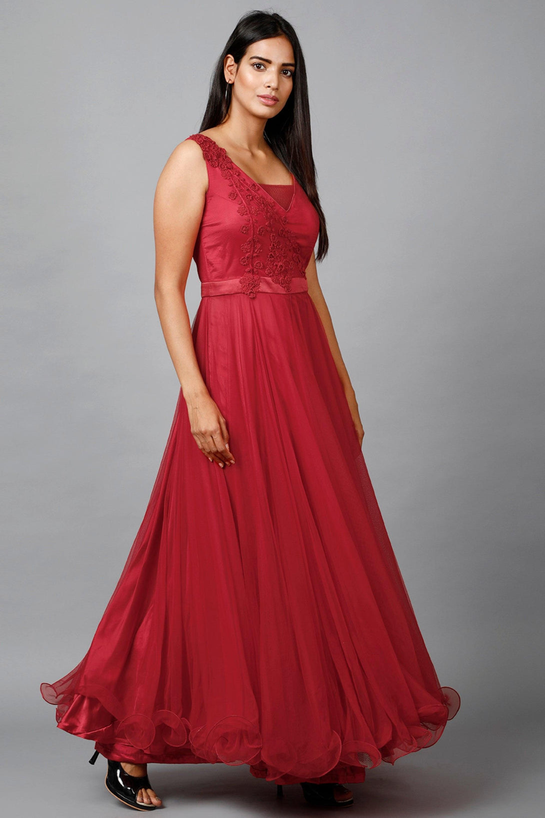 Women's Red Net Bridesmaid Embroidered Gown - MIRACOLOS by Ruchi - Indiakreations