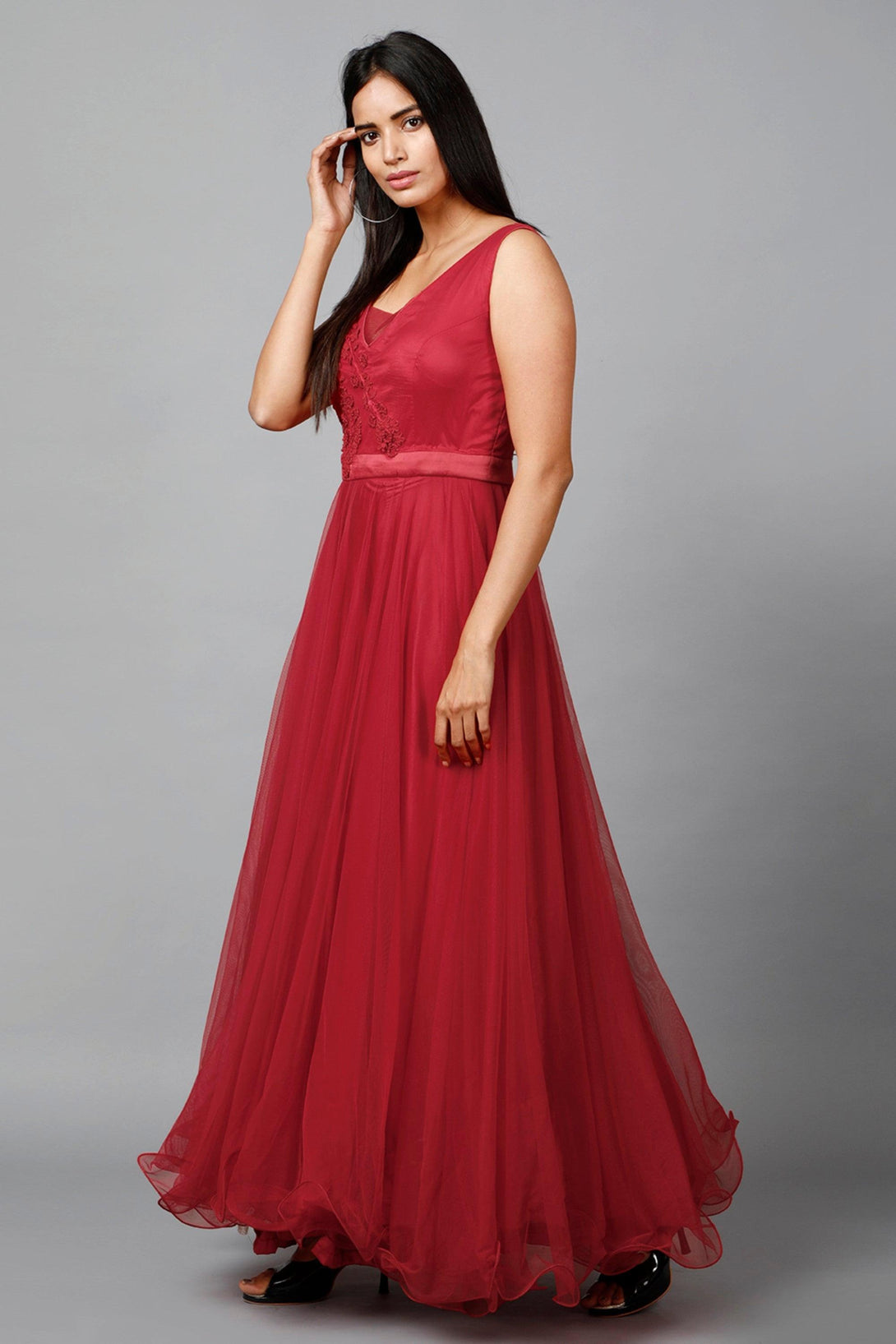 Women's Red Net Bridesmaid Embroidered Gown - MIRACOLOS by Ruchi - Indiakreations