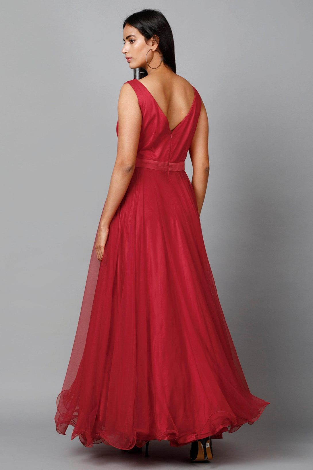 Women's Red Net Bridesmaid Embroidered Gown - MIRACOLOS by Ruchi - Indiakreations