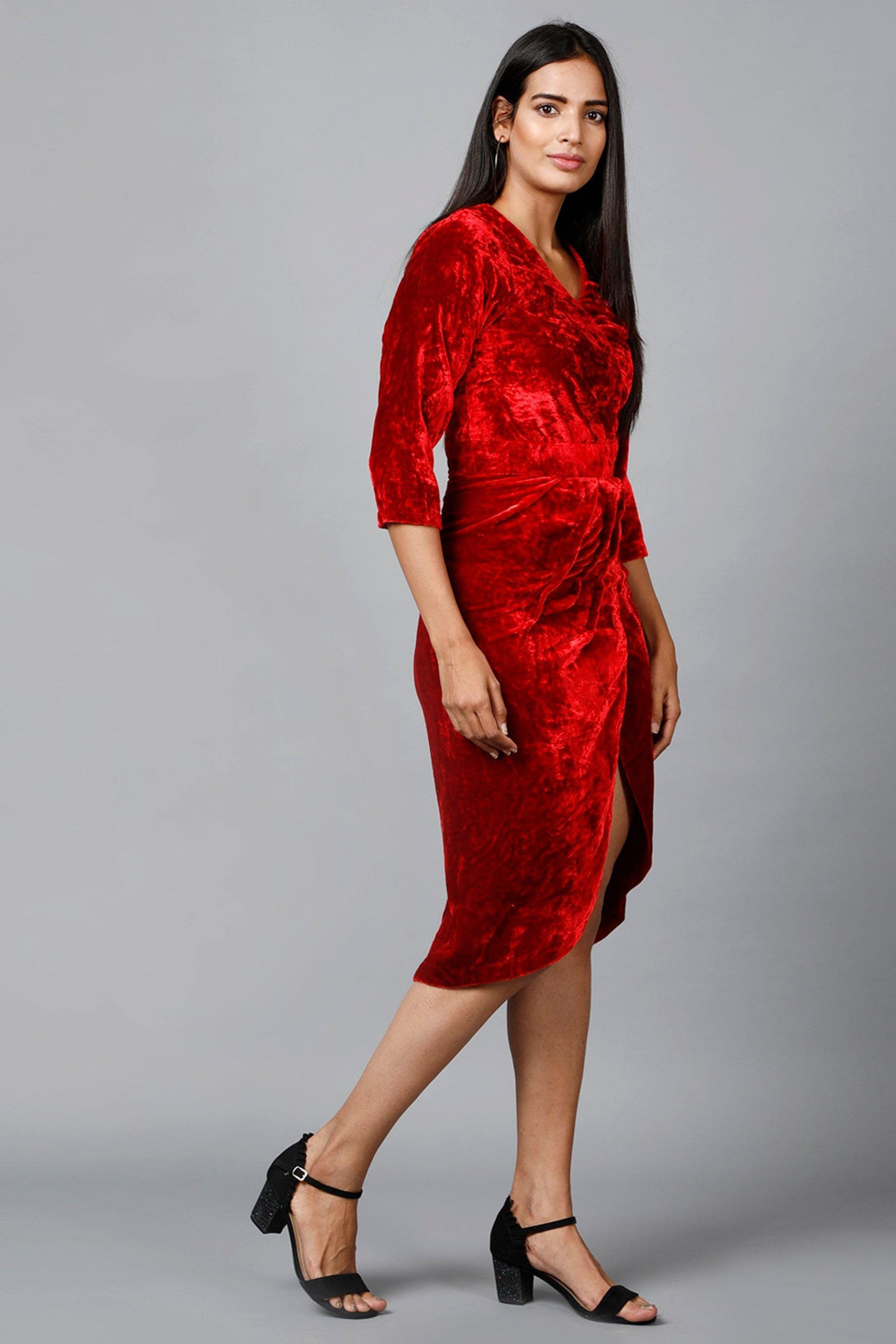 Women's Red Velvet Drape Party Dress - MIRACOLOS by Ruchi - Indiakreations