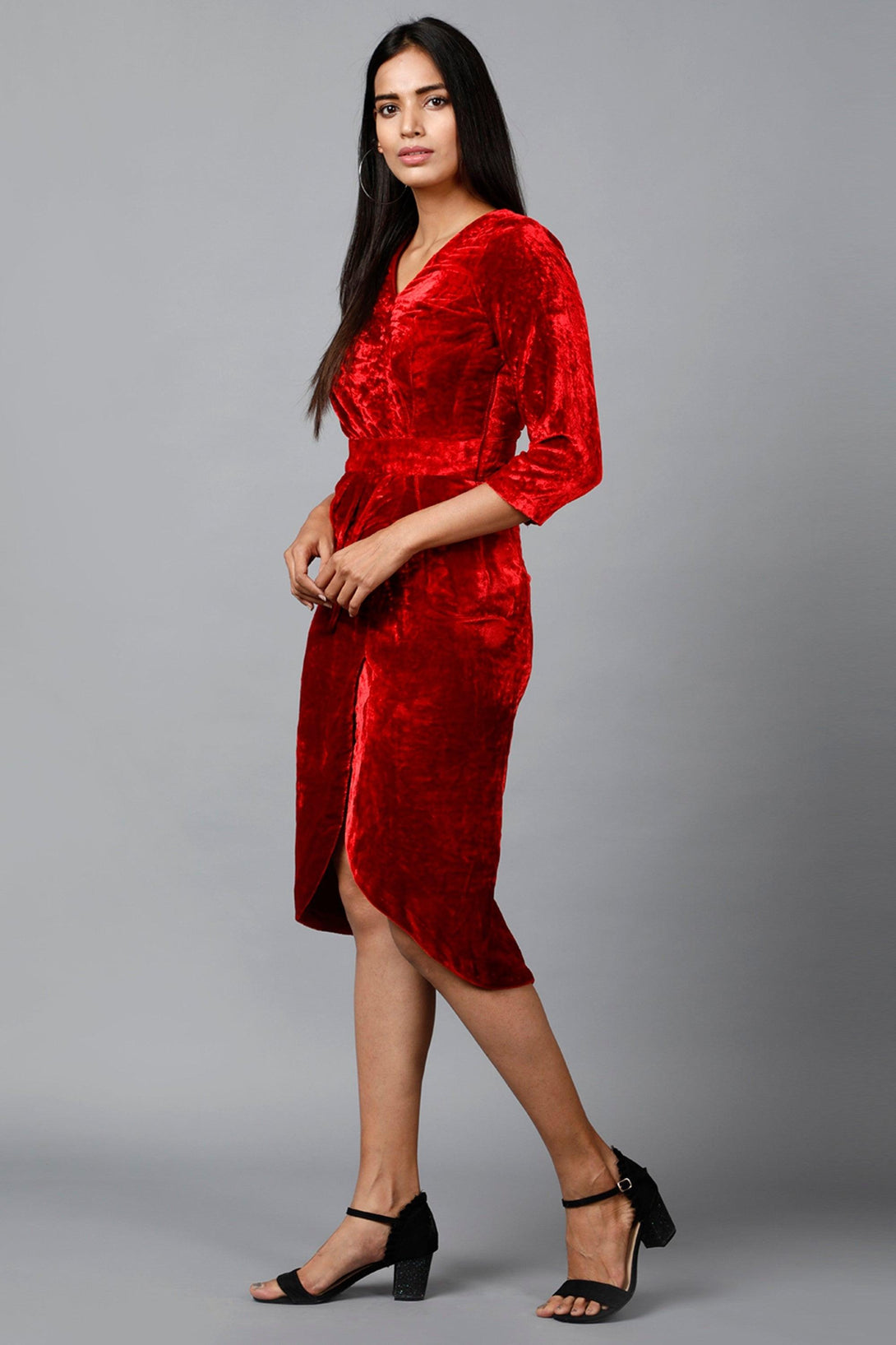 Women's Red Velvet Drape Party Dress - MIRACOLOS by Ruchi - Indiakreations