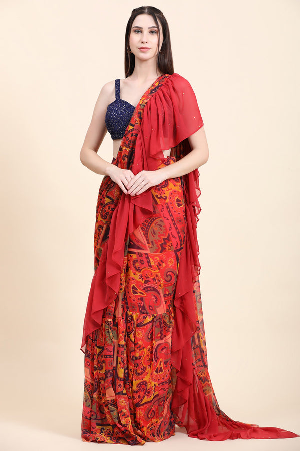 Women's Printed Chiffon Red base Ruffle Saree, Sequins Blouse set - MIRACOLOS by Ruchi