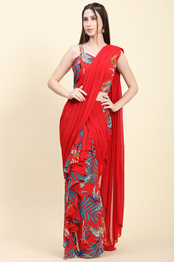 Women's Red base Leaf print Georgette Pleats drape Saree, Blouse set - MIRACOLOS by Ruchi