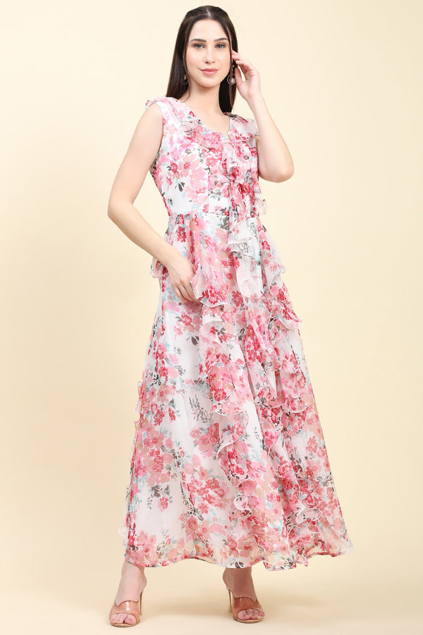 Women's Chiffon white base Floral print Ruffle Dress - MIRACOLOS by Ruchi