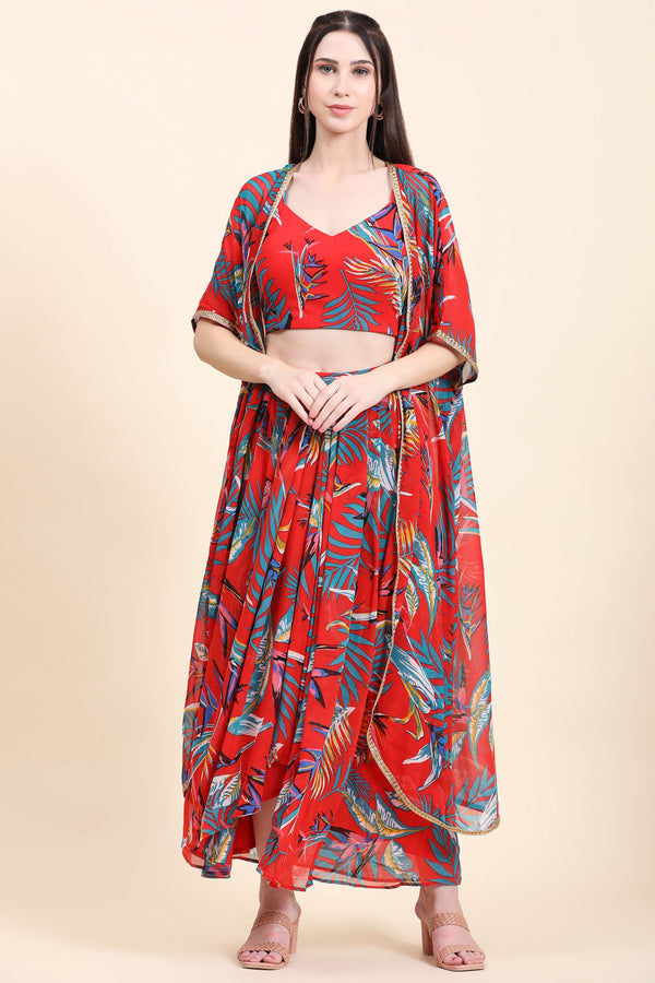 Women's Red base Leaf print Georgette Blouse, Cape, Dhoti drape Skirt set - MIRACOLOS by Ruchi