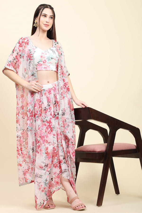 Women's White base Pink Floral print Chiffon Blouse, Cape, Dhoti drape Skirt set - MIRACOLOS by Ruchi