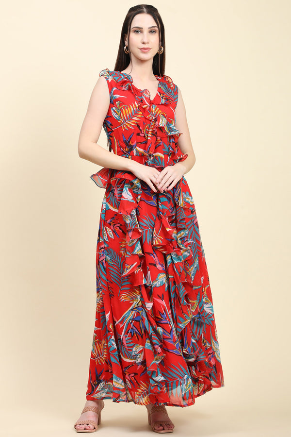 Women's Red base Leaf print Georgette Ruffle Dress - MIRACOLOS by Ruchi