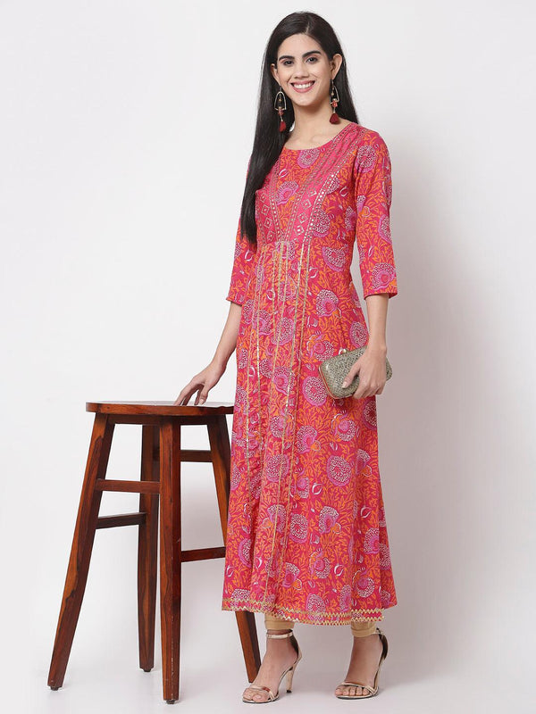 Women Pink Cotton Printed Dress by Myshka (1 Pc Set) - Indiakreations