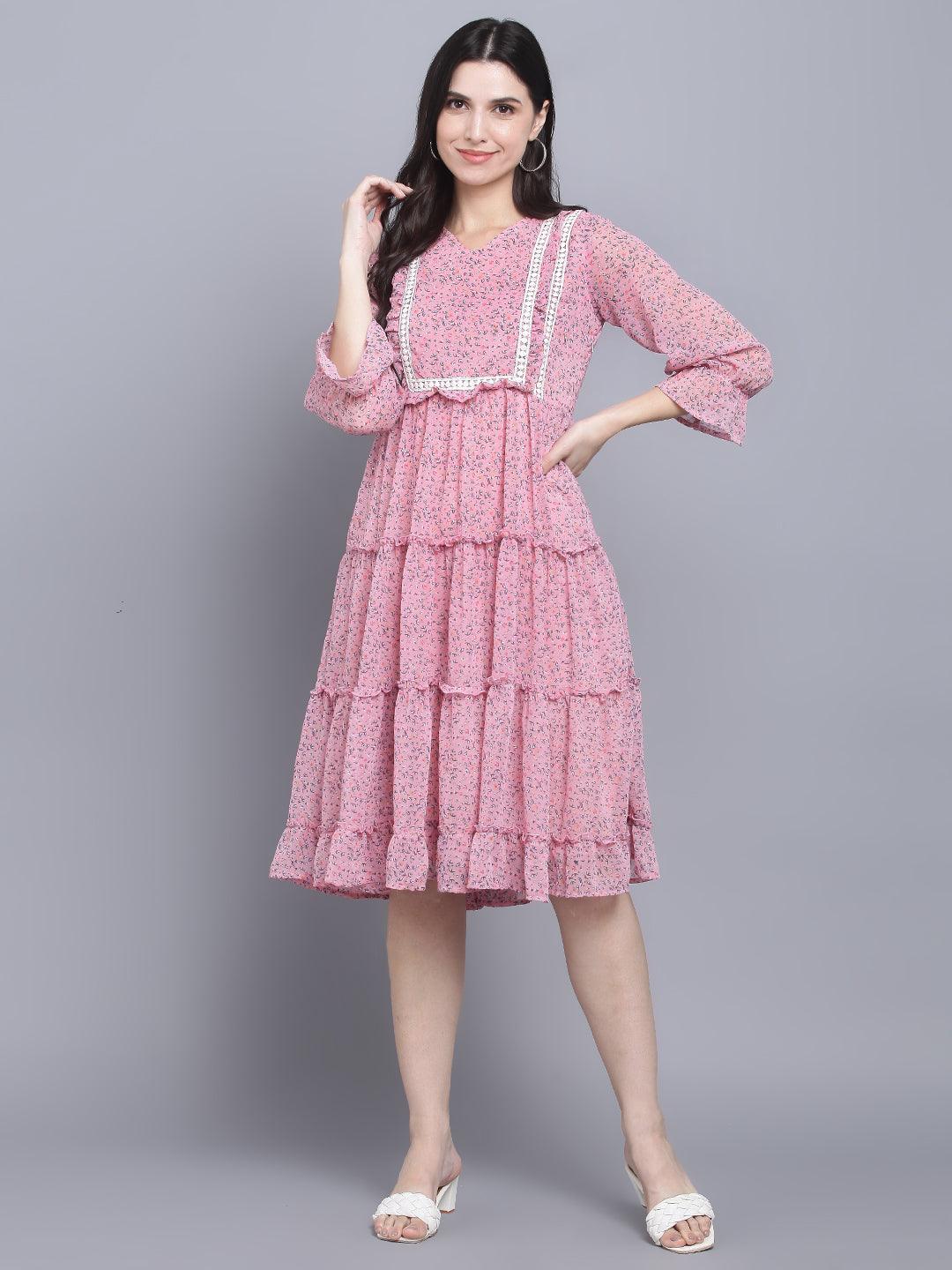 Women's Pink Floral Midi Dress - Myshka - Indiakreations