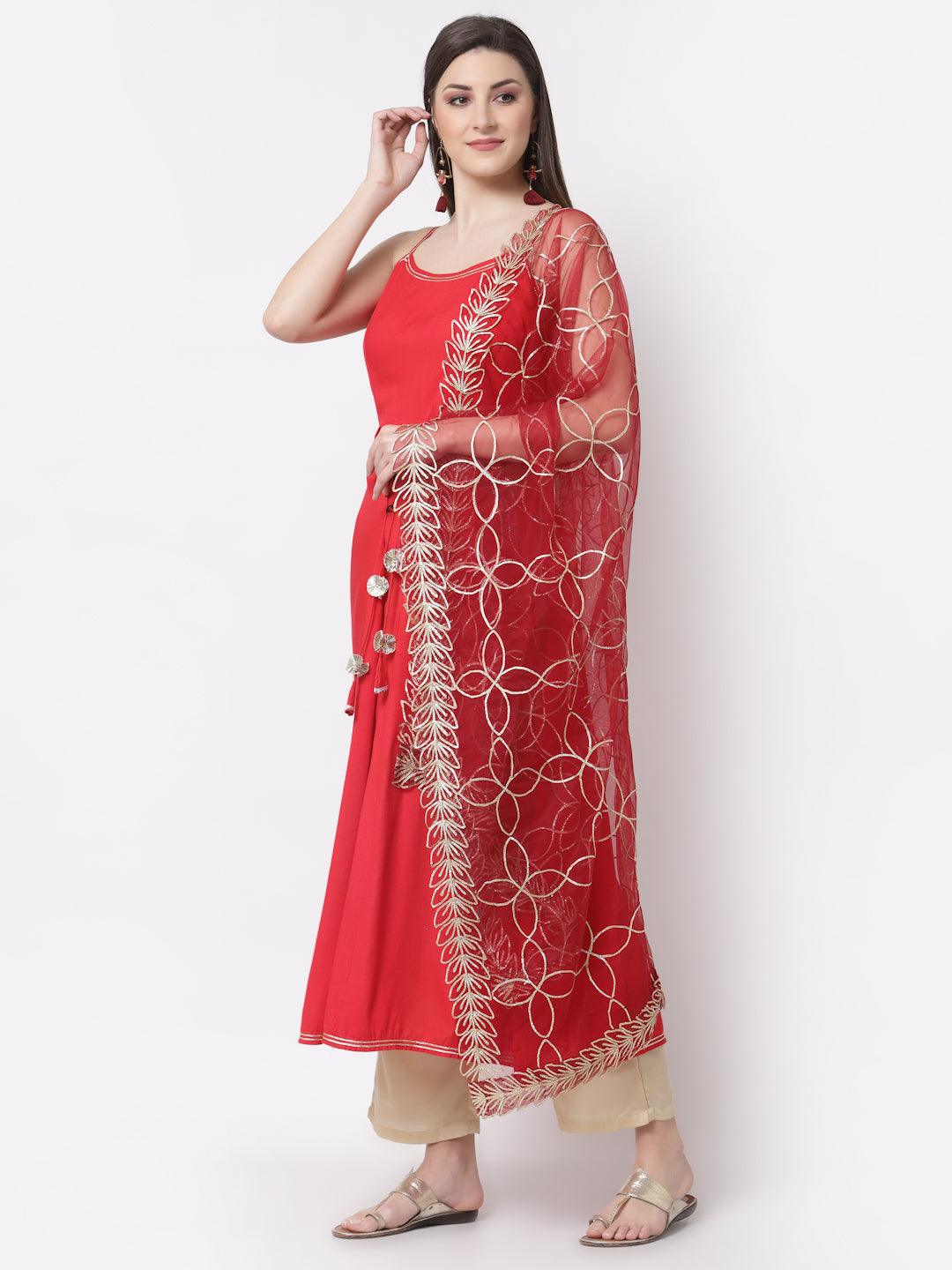 Women's Stylish Silk blend Square Neck Sleeveless Solid Kurta Dupatta Set - Myshka - Indiakreations