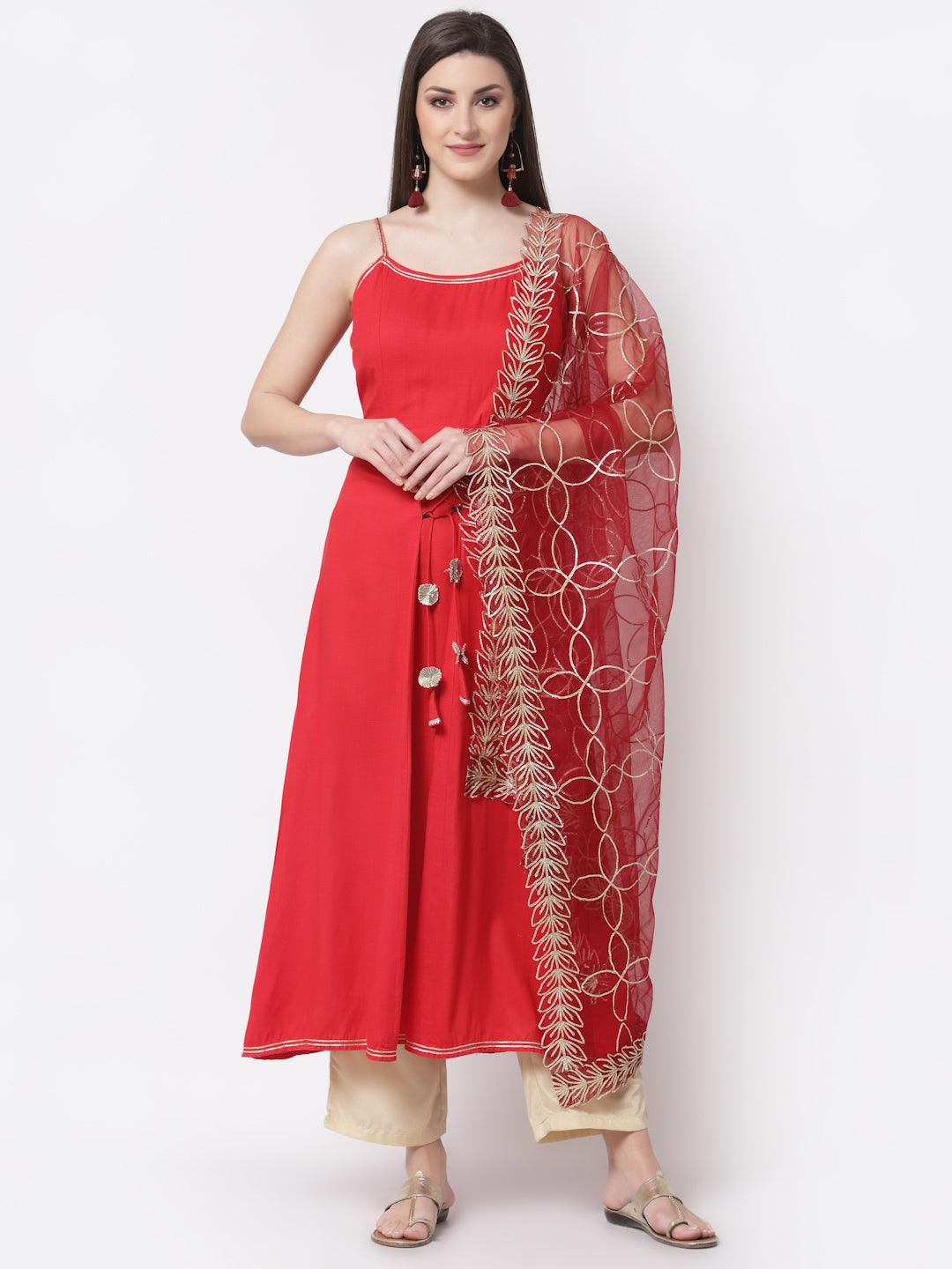 Women's Stylish Silk blend Square Neck Sleeveless Solid Kurta Dupatta Set - Myshka - Indiakreations