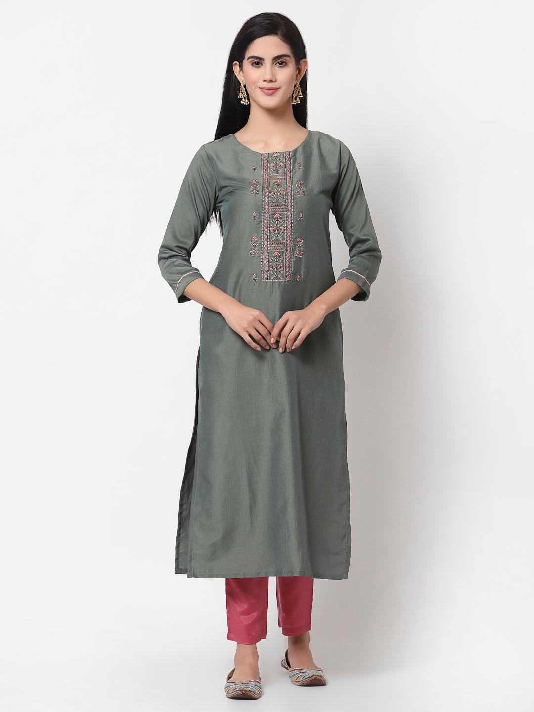 Women's Grey Silk blend Embroidered 3/4 Sleeve Round Neck Kurta Pant Dupatta (3Pieces) set - Myshka - Indiakreations