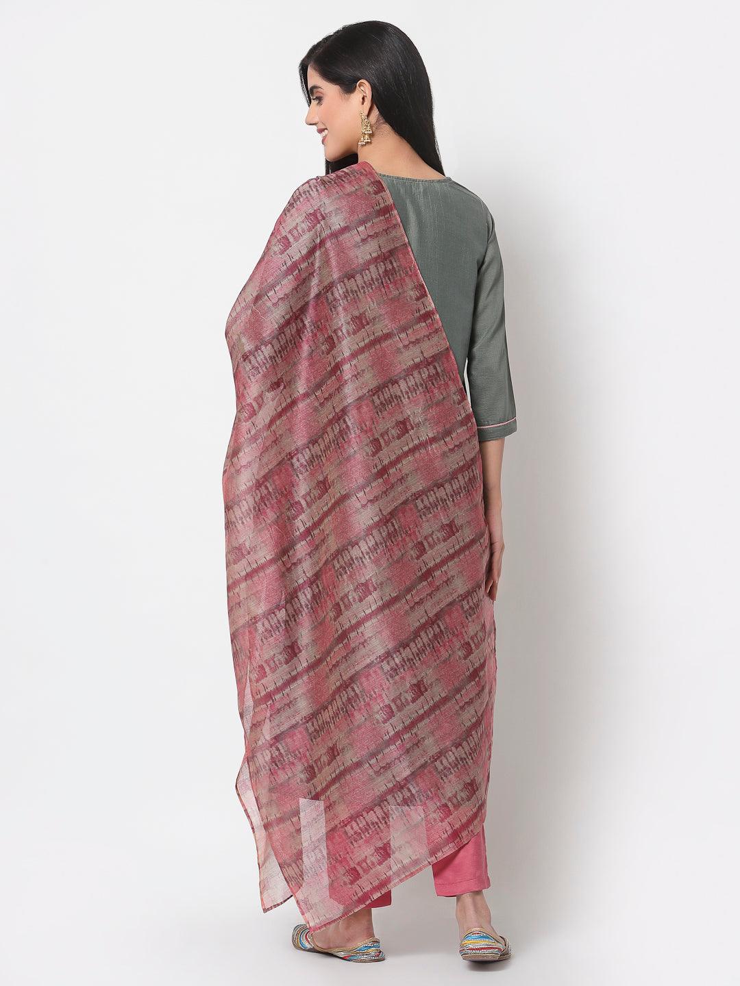 Women's Grey Silk blend Embroidered 3/4 Sleeve Round Neck Kurta Pant Dupatta (3Pieces) set - Myshka - Indiakreations