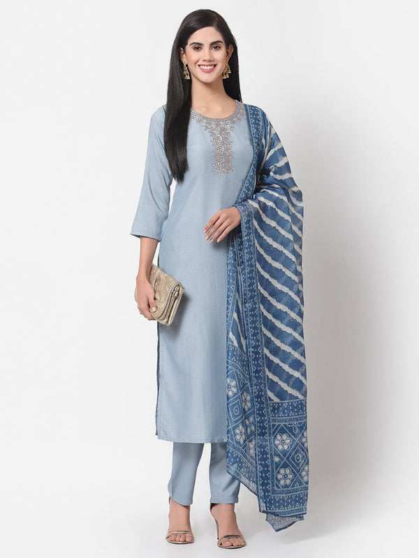 Women Light Blue Silk Kurta with Pant & Dupatta Set by Myshka (3 Pc Set) - Indiakreations