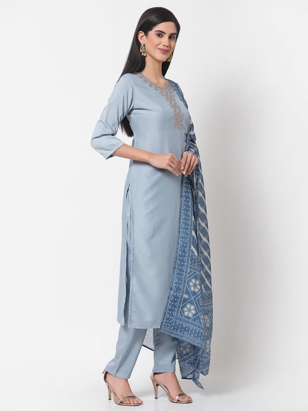 Women Light Blue Silk Kurta with Pant & Dupatta Set by Myshka (3 Pc Set) - Indiakreations