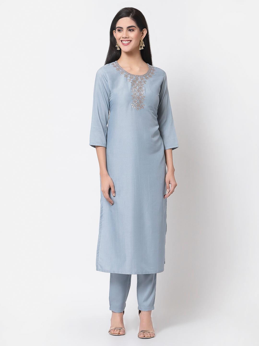 Women Light Blue Silk Kurta with Pant & Dupatta Set by Myshka (3 Pc Set) - Indiakreations