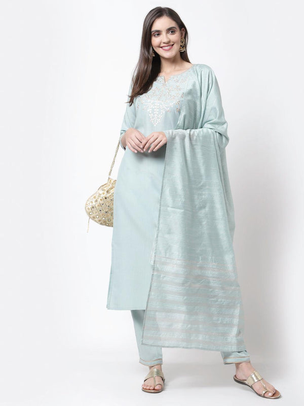 Women Light Blue Silk Blend Suit Set by Myshka (3 Pc Set) - Indiakreations
