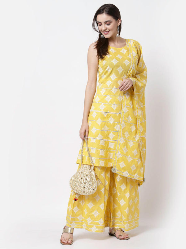 Women Yellow Cotton Printed Kurta Palazzo & Dupatta Set by Myshka (3 Pc Set) - Indiakreations