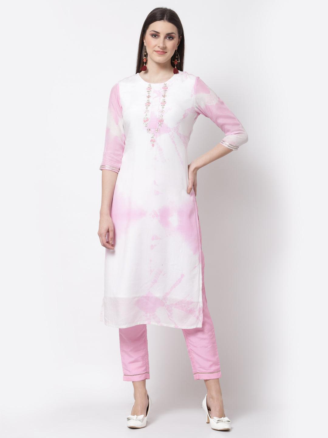 Women's Stylish Silk blend Round Neck 3/4 Sleeve Embroidered Kurta Pant Dupatta Set - Myshka - Indiakreations