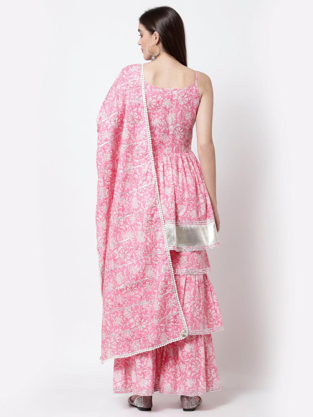 Women's Trendy Design Pink pure cotton Printed Sleeveless Round Neck Kurta with Sharara & Dupatta (3Pieces) set - Myshka - Indiakreations