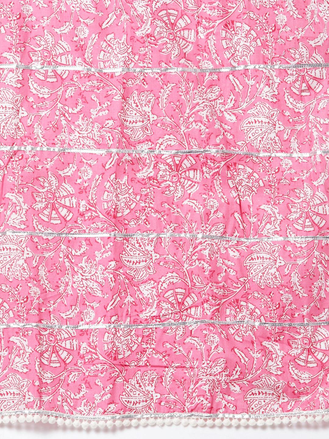 Women's Trendy Design Pink pure cotton Printed Sleeveless Round Neck Kurta with Sharara & Dupatta (3Pieces) set - Myshka - Indiakreations