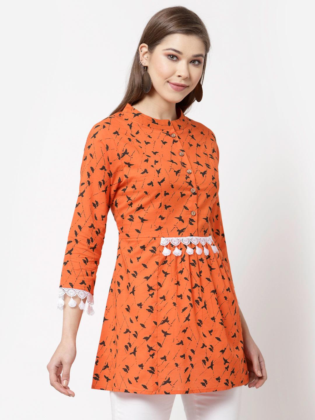 Women Orange Cotton Printed Tunic by Myshka (1 Pc Set) - Indiakreations