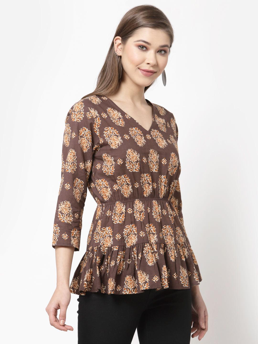 Women Brown Printed Cotton Top by Myshka (1 Pc Set) - Indiakreations