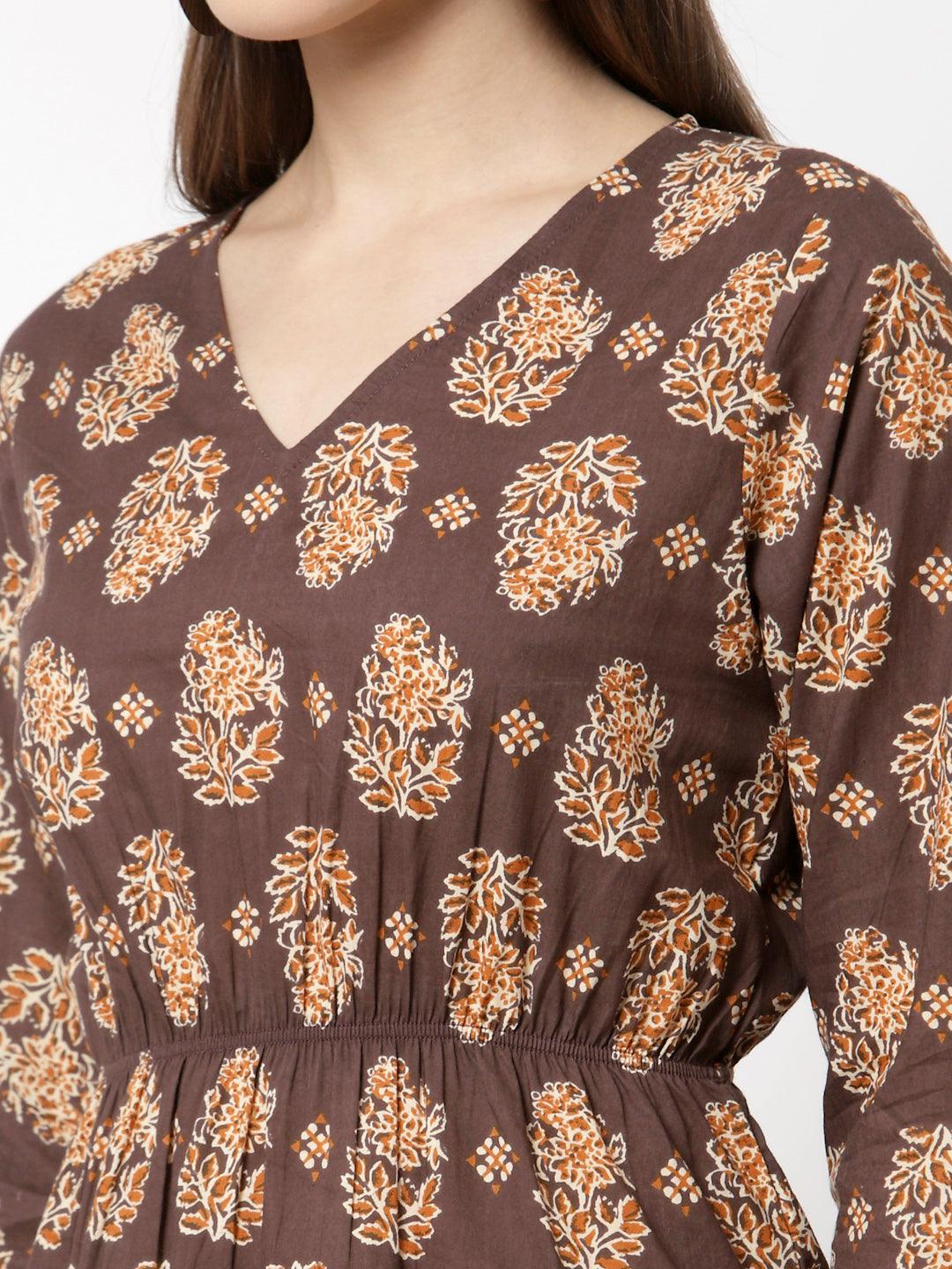 Women Brown Printed Cotton Top by Myshka (1 Pc Set) - Indiakreations