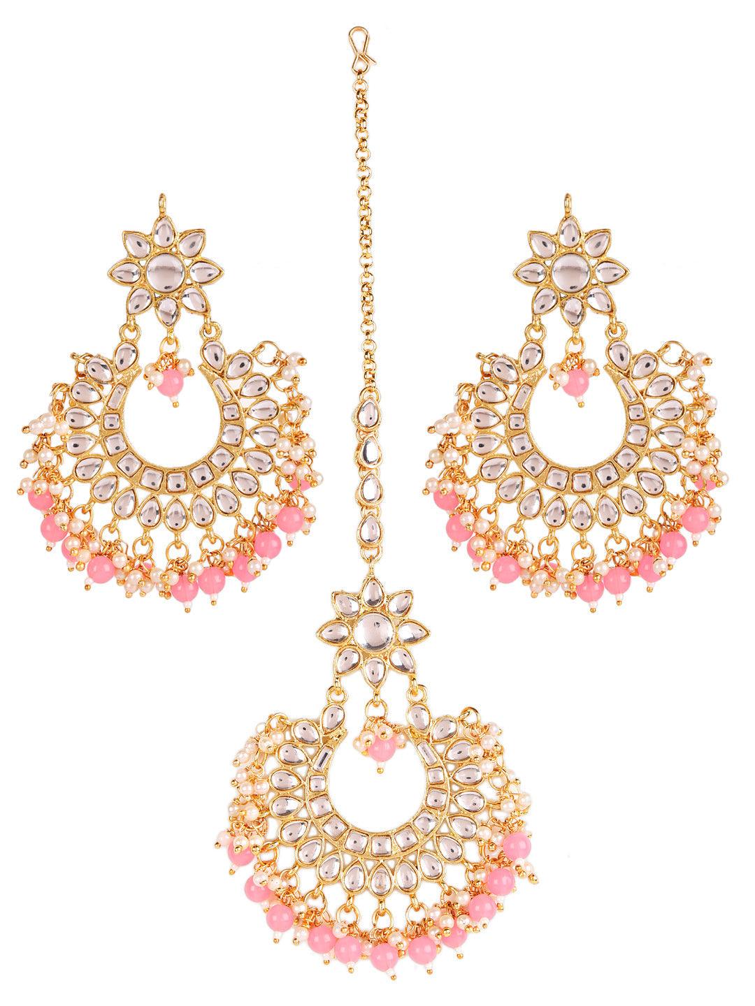 Women's Gold-Toned white Kundan studded & Pink Pearls Maangtikka & Earring Set - Jazz and Sizzle - Indiakreations