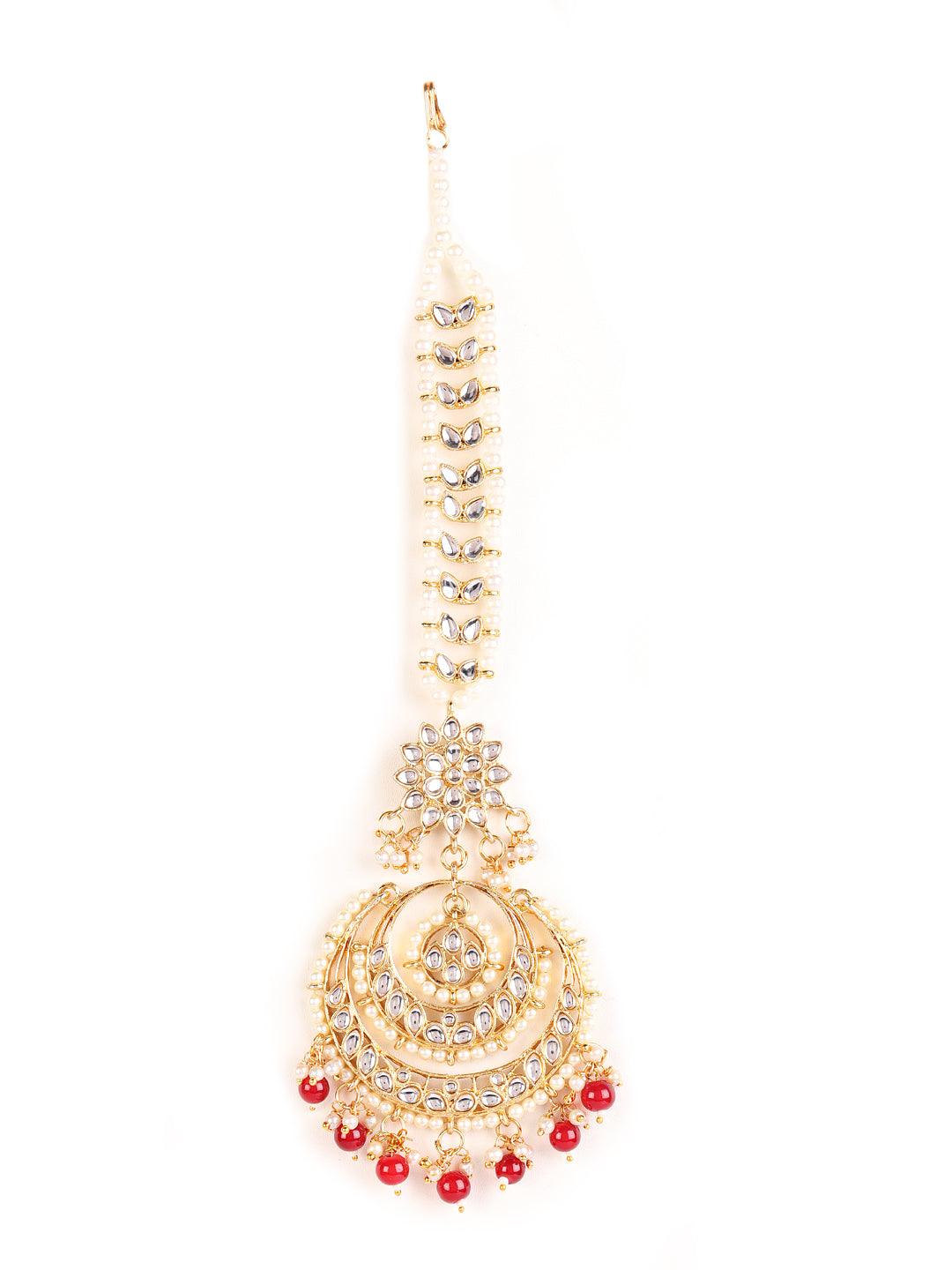 Women's Gold-Toned Mahroon & White Kundan stone studded & Pearls Traditional Maangtikka - Jazz and Sizzle - Indiakreations