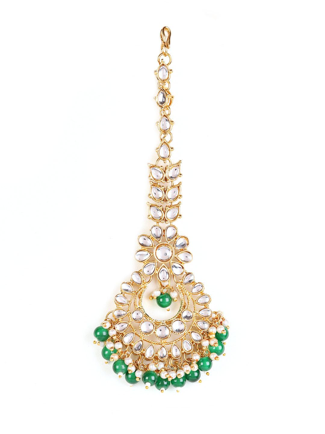 Women's Gold-Toned Green & White Kundan stone studded & Pearls Traditional Maangtikka - Jazz and Sizzle - Indiakreations