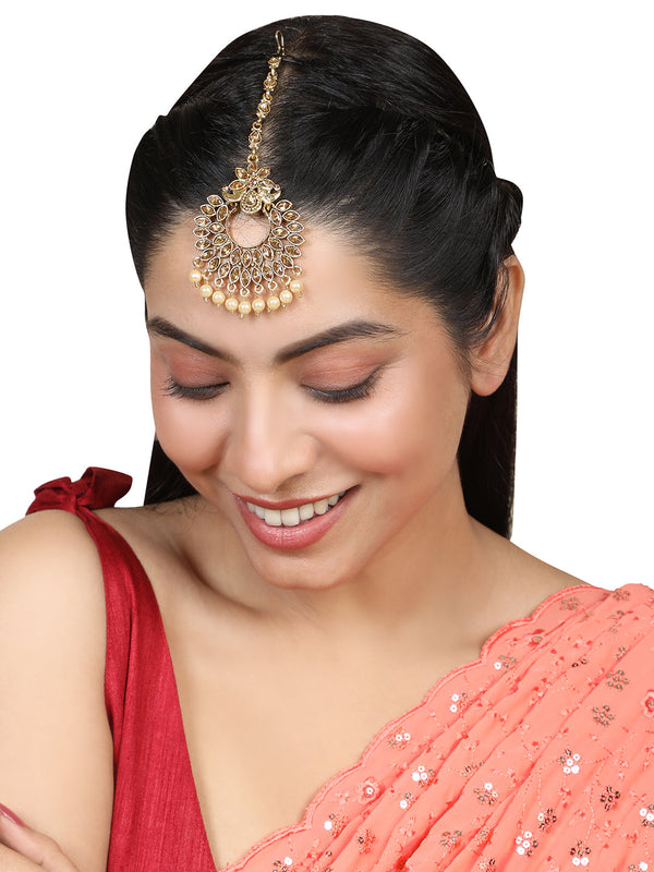 Women's/Girls Ethnic Gold Plated Stone Studded With Pearl Drop Floral Shaped Maangtikka- Mode Mania