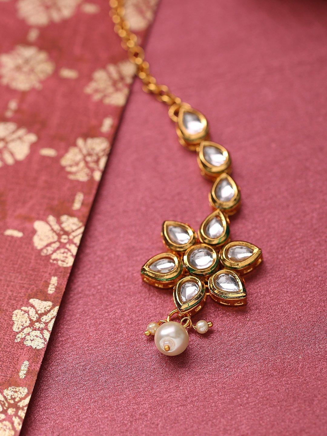 Women's Gold-Plated Kundan Stone Studded Floral Maang Tikka For Women - Priyaasi - Indiakreations