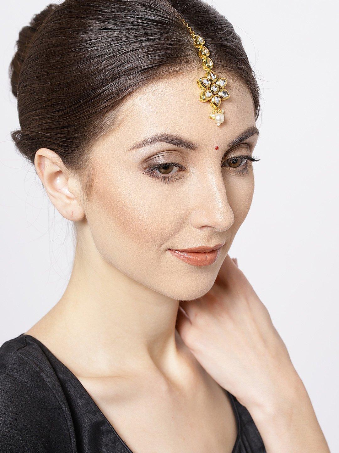 Women's Gold-Plated Kundan Stone Studded Floral Maang Tikka For Women - Priyaasi - Indiakreations