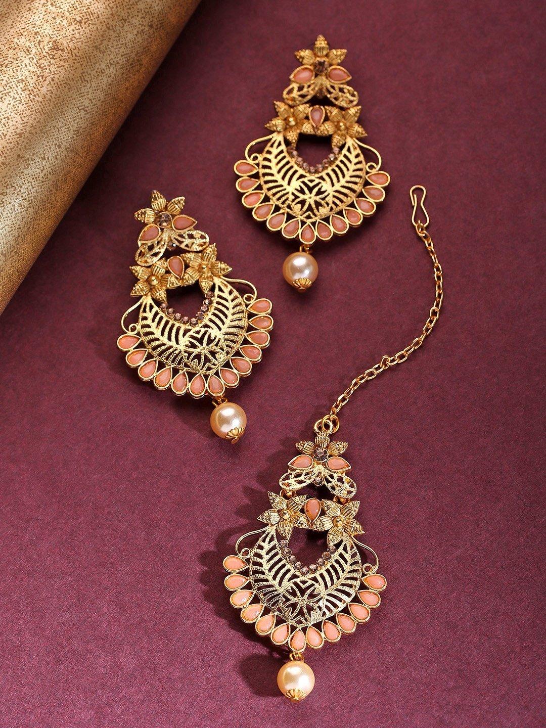 Women's Gold-Plated Peach Color Stone Studded Floral Maang Tikka With Drop Earrings Set - Priyaasi - Indiakreations