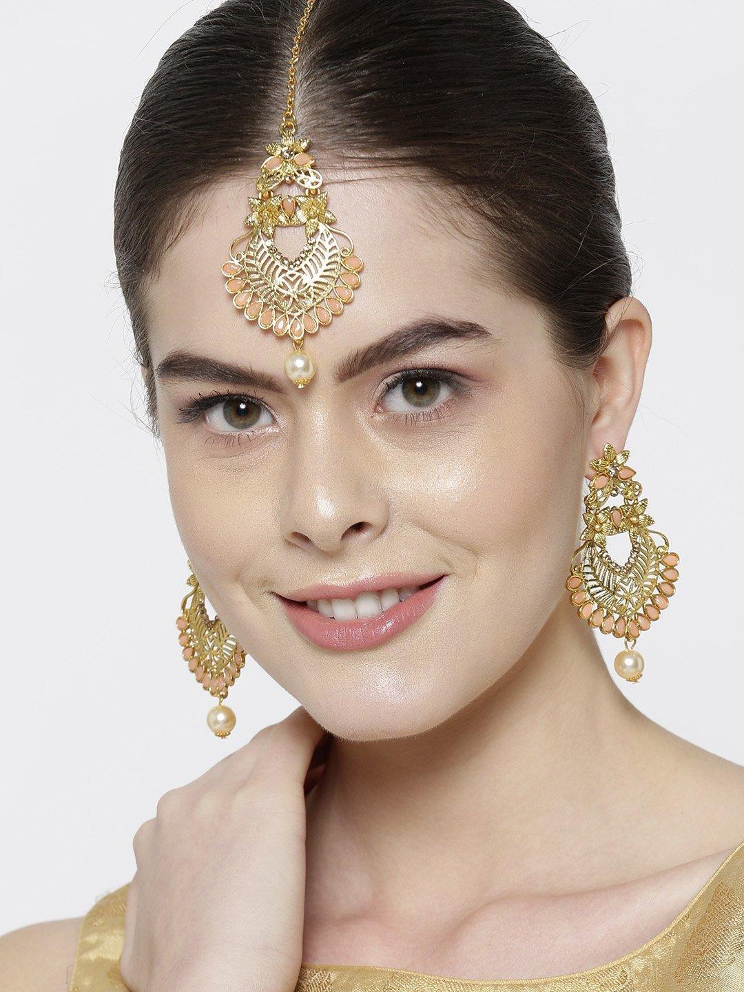 Women's Gold-Plated Peach Color Stone Studded Floral Maang Tikka With Drop Earrings Set - Priyaasi - Indiakreations