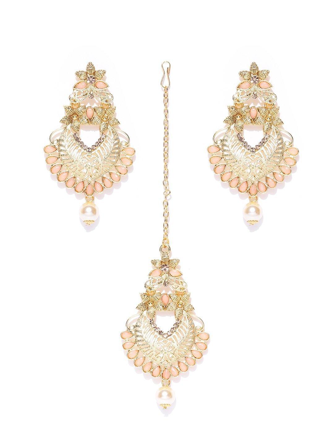 Women's Gold-Plated Peach Color Stone Studded Floral Maang Tikka With Drop Earrings Set - Priyaasi - Indiakreations